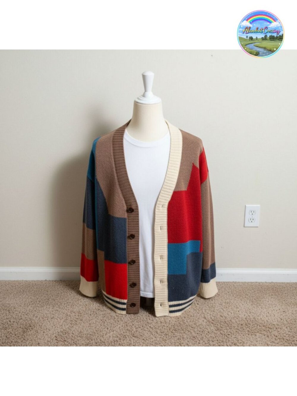 Men's Colorblock Cardigan Sweater Thick Knit Button Front Vintage V-Neck